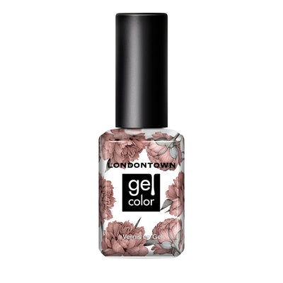 A bottle of LONDONTOWN's "Do Not Disturb" gel nail polish features warm brown hues with delicate mauve undertones and a bold floral design on the label.