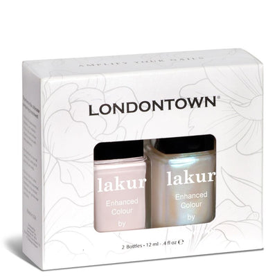 Box of LONDONTOWN "Starry Chrome Duo" nail polish featuring two bottles, each holding 12 ml of transformative crème-to-chrome color.