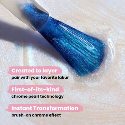 The Starry Chrome Duo by LONDONTOWN features a blue nail polish brush that applies shimmery crème-to-chrome pearl polish, highlighting first-of-its-kind technology, layering capabilities, and an instant transformation effect.