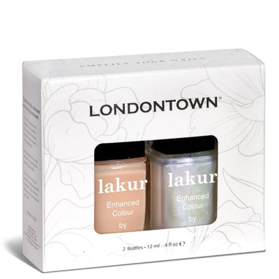 The Pixi Chrome Duo by LONDONTOWN includes two "lakur" bottles with peach and silver shades. The crème-to-chrome formula transforms polish instantly and is packaged against an elegant floral design background.