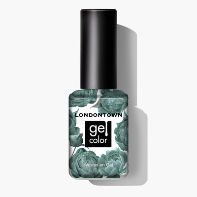 A bottle of LONDONTOWN's Velvet Drapes gel nail color with a floral design and a black cap, featuring a sumptuous olive hue.