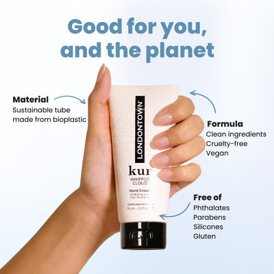 The Whipped Cloud Hand Cream by LONDONTOWN is held in a hand, showcasing its features such as sustainable bioplastic packaging, clean ingredients, cruelty-free and vegan formulation, and it being free from phthalates, parabens, silicones, and gluten.