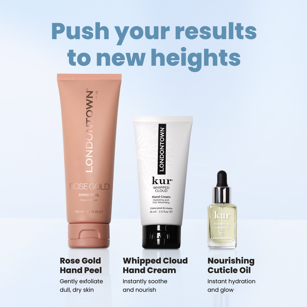 Three LONDONTOWN hand care products, including the Whipped Cloud Hand Cream, Rose Gold Hand Peel, and Nourishing Cuticle Oil, are showcased against a light blue background with the slogan above.