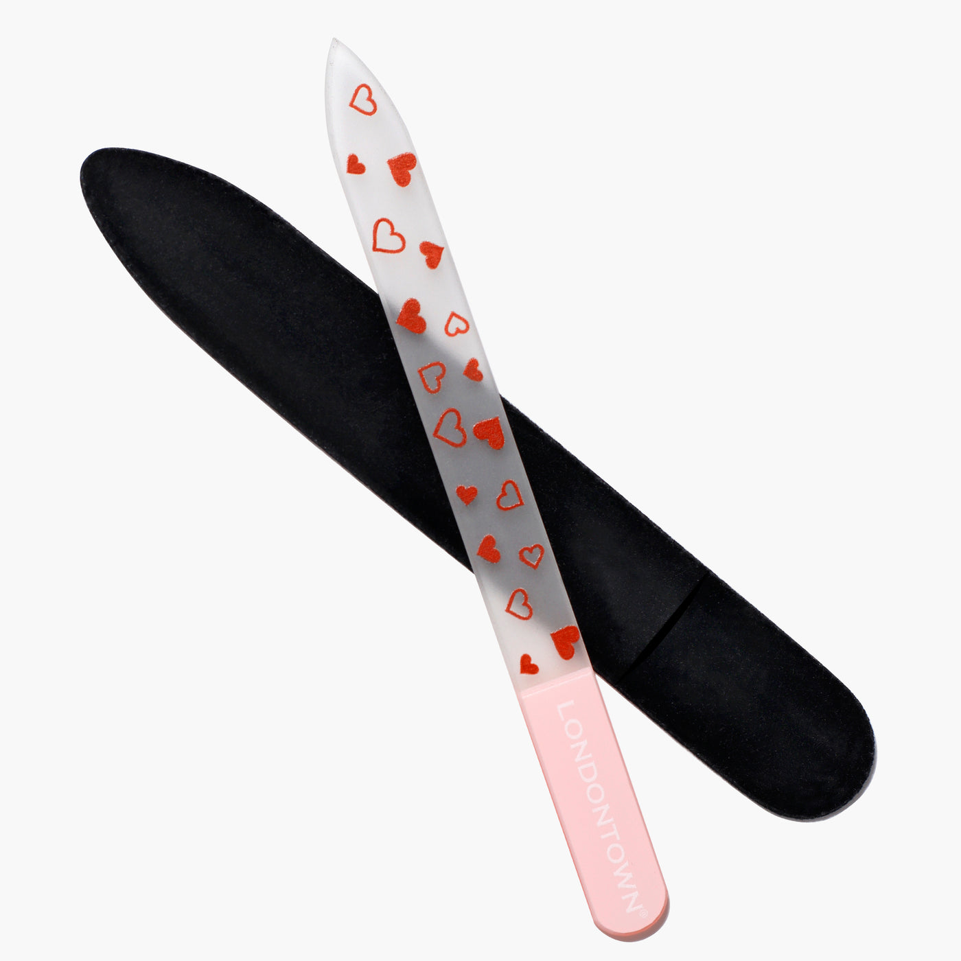 LONDONTOWN's Heart Glass Nail File features a pink handle adorned with red heart patterns, designed for damage prevention, and comes with a protective black case.