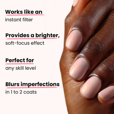 A hand with light pink Conceal + Go Bubble nail polish by LONDONTOWN, showcasing naturally perfect nails, is displayed over text highlighting the polish's features: instant filter effect, brighter soft-focus, suitable for all skill levels, and blurring imperfections.