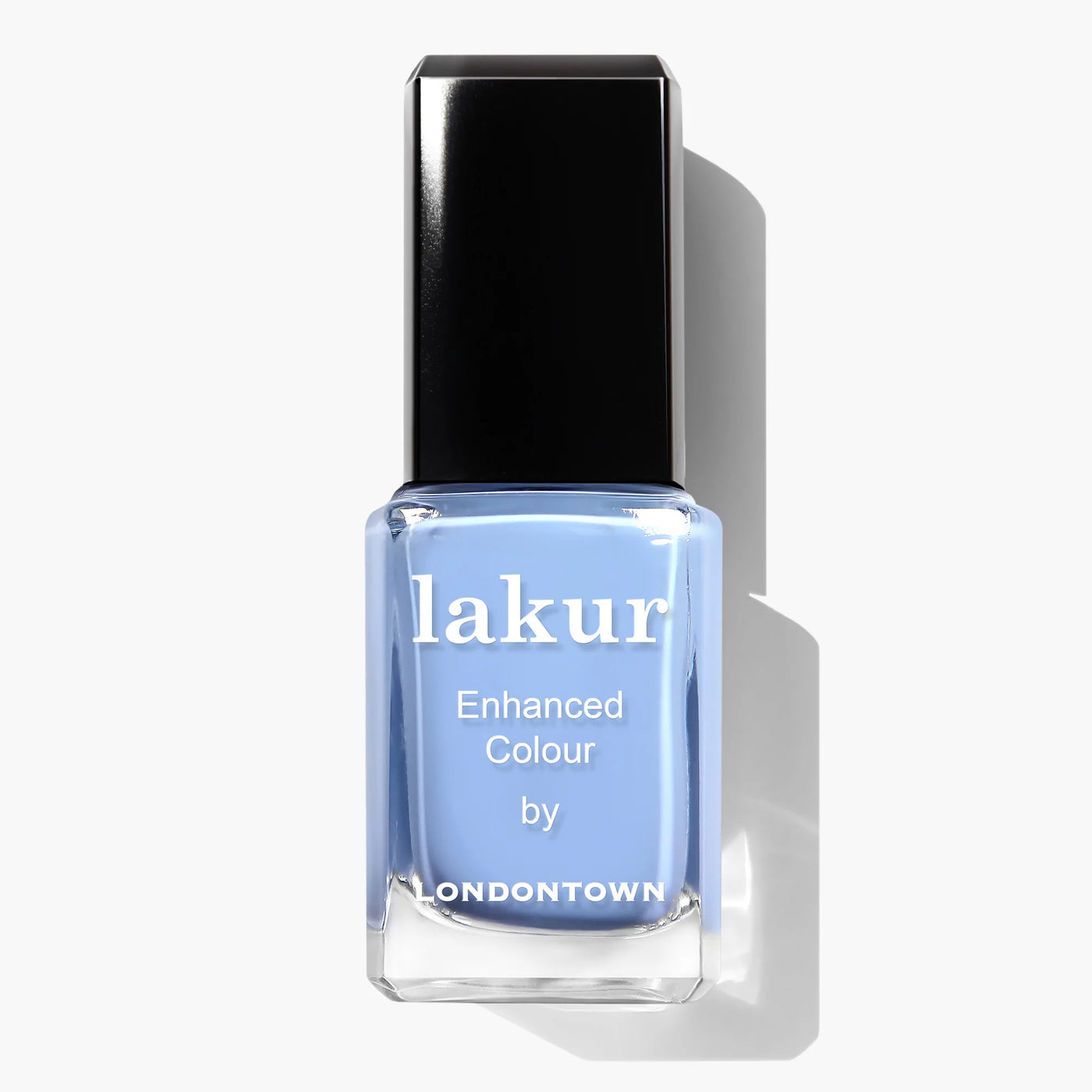 A bottle of LONDONTOWN Amalfi Love (Professional) nail polish with a blue hue and black square cap, labeled "Enhanced Colour," features the Florium Complex for healthier nails.