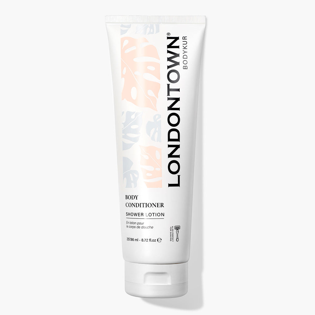 A 225ml white tube of LONDONTOWN Nourishing Body Conditioner shower lotion. The packaging features a pastel leaf design and the brand name in bold black letters, promising smoother skin with every use.