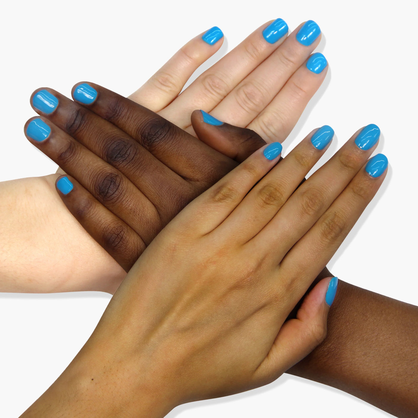 Four hands with Cabana Boy (Professional) neon blue nail polish by LONDONTOWN overlap each other on a white background, displaying different skin tones.