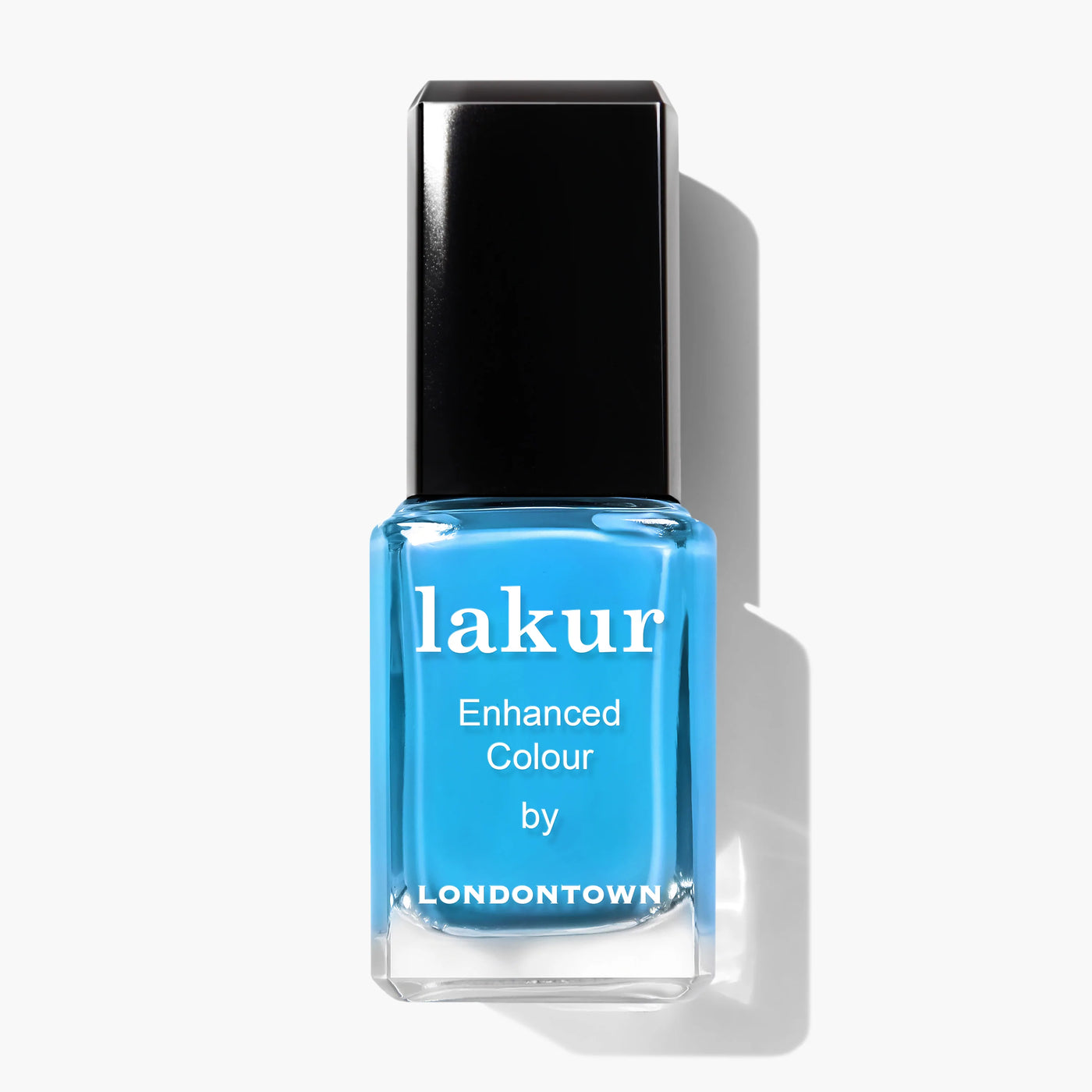 A bottle of neon blue nail polish labeled "Cabana Boy (Professional) by LONDONTOWN" with a black cap.