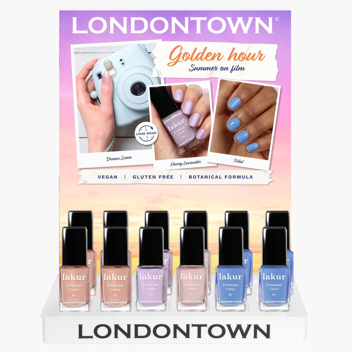 A display of LONDONTOWN's "Golden Hour POP Display" featuring various shades. The display promotes the vegan, gluten-free, botanical formula and showcases three close-up photos of nail designs.