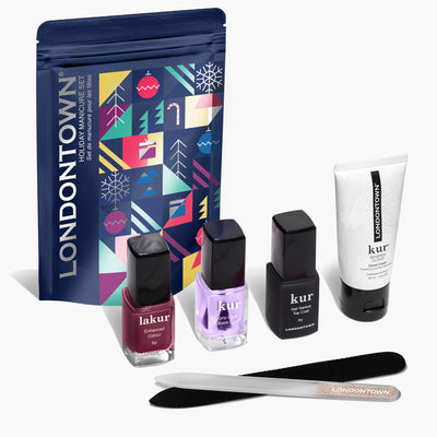 The LONDONTOWN Polish-to-Party Pouch, a collection of customer favorites, contains two nail polishes, a top coat, hand cream, and a nail file in vibrant packaging.