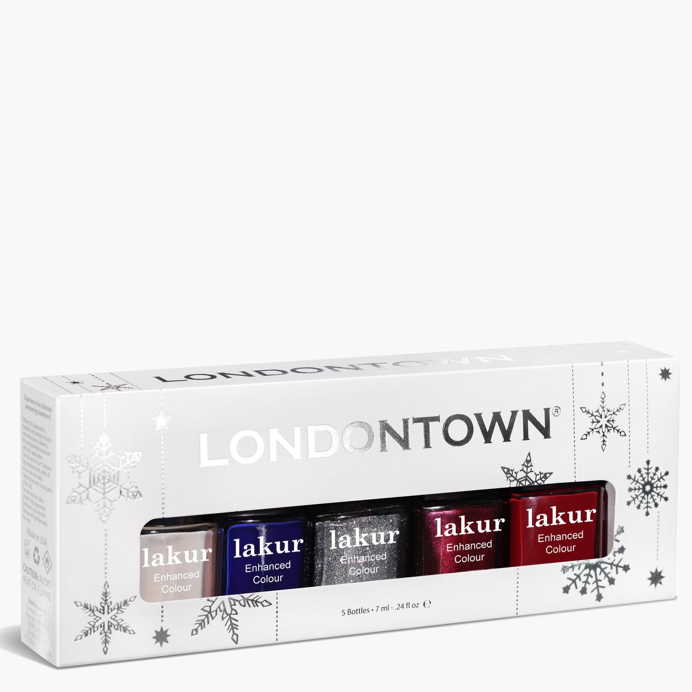 The Winter Wonderland Mini Collection by LONDONTOWN includes five bottles of lakur nail polish in assorted colors, ideal for the holiday season. Packaged elegantly in a white box adorned with silver snowflake designs, these premium nail products add a festive flair to your nails.